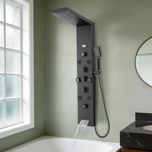 6 In1 LED Shower Panel Tower Rainfall ＆ Waterfall System 8 Body Massage Jet | POPLFY Stainless Steel Wall Mount Shower Column Towers with Temperature Display, Tub Spout, Matt Black - color: 8 Jets-Matt Black