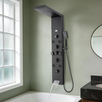 6 In1 LED Shower Panel Tower Rainfall ＆ Waterfall System 8 Body Massage Jet | POPLFY Stainless Steel Wall Mount Shower Column Towers with Temperature Display, Tub Spout, Matt Black - color: 8 Jets-Matt Black