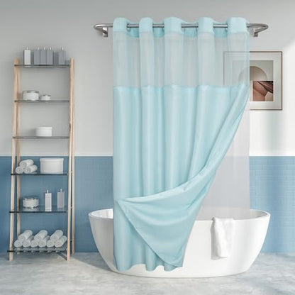 River Dream Extra Long No Hook Slub Textured Shower Curtain with Snap-in PEVA Liner Set - 71" x 86"(84"), Hotel Style with See Through Top Window, Blue Fabric Curtain & Waterproof Liner, Blue, 71x86 | 71W x 86H, Snap on/off Waterproof PEVA Liner, See Thro