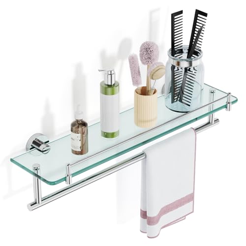 20-Inch Floating Tempered Glass Bathroom Shelf with Towel Bar - Chrome Polished & Stainless Steel, Wall Mount - color: Chrome Polished, size: 20-inch with Railing