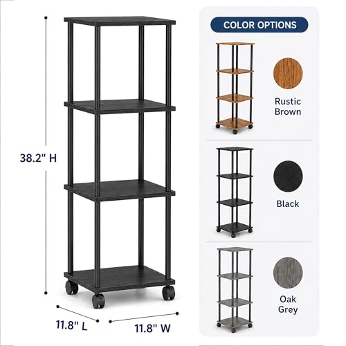 4-Tier 38.2" Tall Black Bathroom Shelving Unit with Wheels | Wood Finish, Metal Frame, Rolling Narrow Open Shelf Design, for Laundry Room, Kitchen, Living Spaces, Easy to Move - color: Black, size: 4-Tier