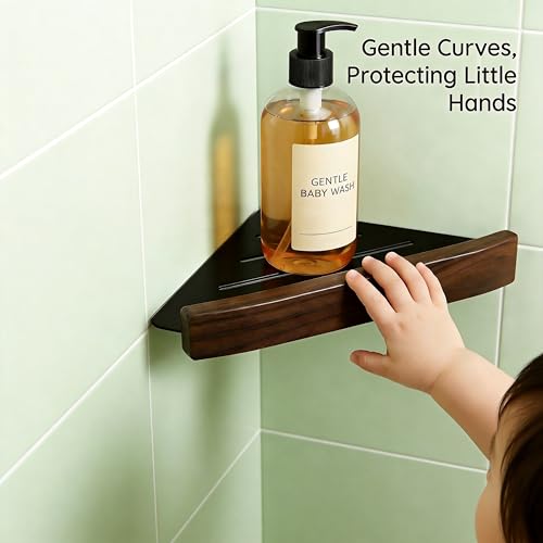 Corner Shelf 1 Pack, Solid Wood Triangle Wall Mounted Shelf, Adhesive or Screws, No Drill or Permanent Mount, Shower Storage for Bathroom Kitchen, Rust Proof BPA Free
