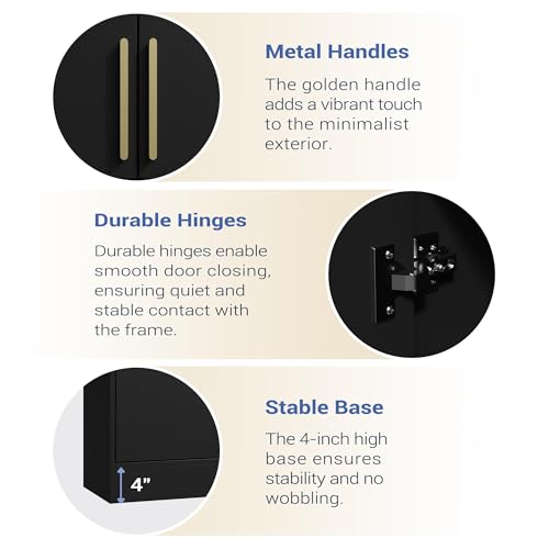 Housoul 71" Tall Pantry Cabinet, 4 Doors Kitchen Pantry Storage Cabinet, Freestanding Larder Cupboard, Kitchen Hutch with Gold Handles for Dining Room, Bathroom, Black - color: Black