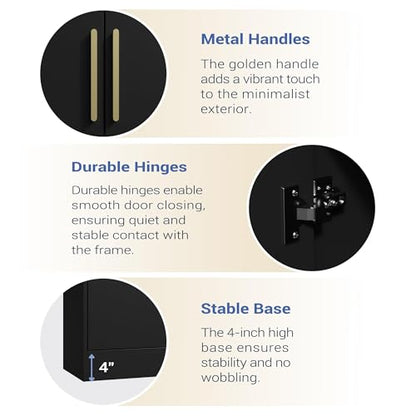 Housoul 71" Tall Pantry Cabinet, 4 Doors Kitchen Pantry Storage Cabinet, Freestanding Larder Cupboard, Kitchen Hutch with Gold Handles for Dining Room, Bathroom, Black - color: Black