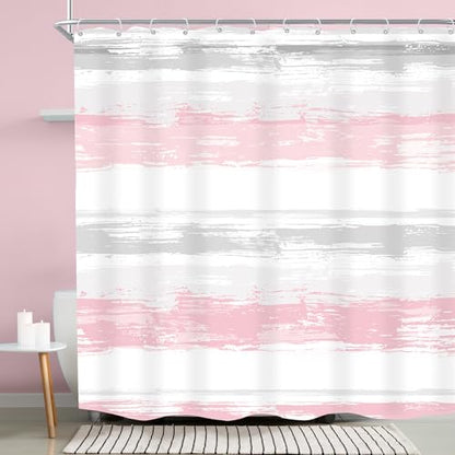 Abstract Gray Pink Women Modern Striped Neutral Bathroom Shower Curtain Set | 72Wx72H Geometric Watercolor design, waterproof HD print with fast-drying fabric and 12 hooks. - color: A3-pink Grey, size: 72"W x 72"L (Pack of 1)