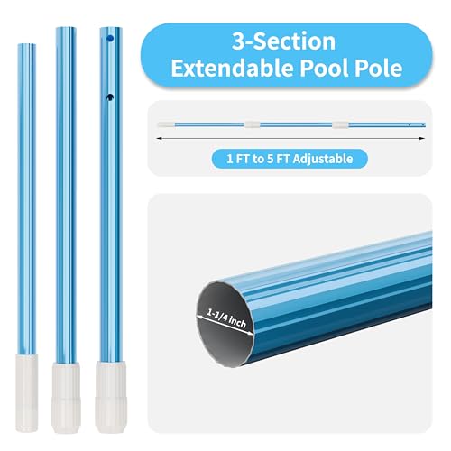 VINGLI 3-in-1 Pool Cleaning Kit for Inground&Above Ground Swimming Pools | Pool Maintenance Tools, Pools Maintenance Equipment with Pool Net, Pool Brush and 5 FT Telescopic Pole - size: Style 4 : 3 in 1