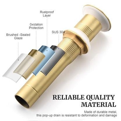Pop up Sink Drain Stopper for Bathroom Vessel Vanity Sink Art Basin Brushed Gold, Small Cap Without Overflow, Metal Pop-up Drain Strainer with Detachable Basket Stopper | Pop Up Drain, Made of Metal, Small Cap, with Detachable Basket Stopper, Drain Fast,