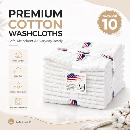 Ameri-Homes Cotton Washcloths Pack of 10, 100% Ring Spun Cotton Face Towels | Highly Absorbent 100% Ring Spun Cotton, 488 GSM Quick-Dry, 12.5 x 12.5 In, White Wash Cloths for Bath Gym Spa - color: White