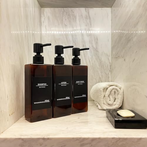 Shampoo and Conditioner Dispenser, No Drill, 16 Waterproof Labels | Shampoo Dispenser for Shower Wall, Shower Soap Dispenser Wall Mounted 3 Chamber, Bathroom, 17oz, Black Amber - color: Amber Bottle + Black Pump