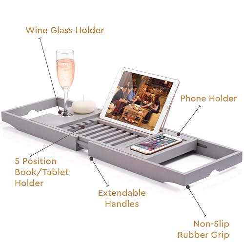 Bamboo Bathtub Caddy - Expandable Wood Tub Tray with Wine Holder, Book & Tablet Stand - Spa Accessories for Relaxation, Tub Shelf Table, Gift Idea for Her & Him (Gray)