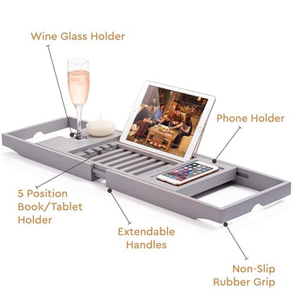 Bamboo Bathtub Caddy - Expandable Wood Tub Tray with Wine Holder, Book & Tablet Stand - Spa Accessories for Relaxation, Tub Shelf Table, Gift Idea for Her & Him (Gray)
