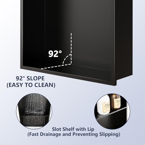Stainless Steel Shower Niche with Shelf | 12" x 24" No Tile Needed Recessed Wall Niche for Shower Wall Bathroom Storage Insert Installation (Matte Black)
