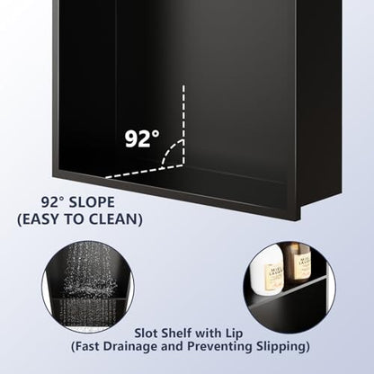 Stainless Steel Shower Niche with Shelf | 12" x 24" No Tile Needed Recessed Wall Niche for Shower Wall Bathroom Storage Insert Installation (Matte Black)