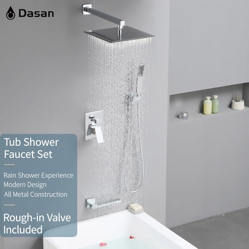 DASAN Tub Shower Faucets Sets Complete Chrome Bathtub Shower System with Tub Spout, Bathtub Faucet Set Tub and Shower Faucet Combo Trim Kit with Rough-in Valve, DA-SS03PC-S10W - color: Chrome