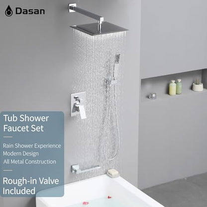 DASAN Tub Shower Faucets Sets Complete Chrome Bathtub Shower System with Tub Spout, Bathtub Faucet Set Tub and Shower Faucet Combo Trim Kit with Rough-in Valve, DA-SS03PC-S10W - color: Chrome