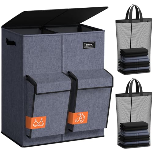 SOLEDI 180L Double Laundry Hamper with Lid and 2 Side Pockets, Dual Hamper | 2 Section Laundry Basket, Removable & Washable Laundry Bags, 180L Large Capacity, for Bedroom, Bathroom, Laundry Room, Dorm - color: Navy Blue