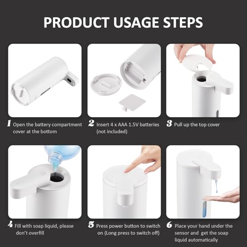 Automatic Soap Dispenser, Automatic Liquid Soap Dispenser Touchless, 12oz/340ml, 3-Level Adjustable, Battery Operated, Water-Resistant for Bathroom, Kitchen, and School, Clog-Free, White - color: White