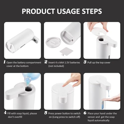 Automatic Soap Dispenser, Automatic Liquid Soap Dispenser Touchless, 12oz/340ml, 3-Level Adjustable, Battery Operated, Water-Resistant for Bathroom, Kitchen, and School, Clog-Free, White - color: White