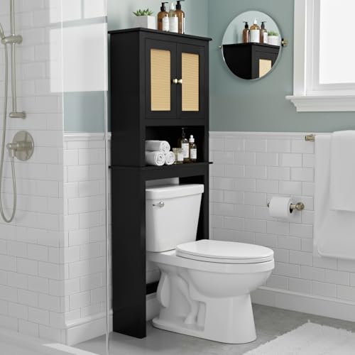 Over Toilet Storage Cabinet with Barn Door & Adjustable Shelves | 24 Inch Wide Bathroom Organizer, Space-Saving, Sturdy Wood, Anti-Tipping, Easy Assembly, for Restroom, Laundry, Small Spaces - color: Black-gold