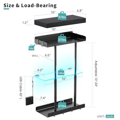 Vervida® Bathroom Towel Storage Rack, LED Towel Racks for Bathroom Wall Mounted 22.7 inch with 15 inch Floating Shelf Can Holds 6 Large Towels, Wall Towel Rack for Rolled Towels, Black - size: 15" with LEDs