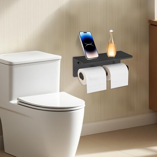 Black Double Paper Holder with Shelf, Toilet Roll Holder for Bathroom | Wall Mounted SUS 304 Stainless Steel Toilet Tissue Holder YIGUANXIN - color: Black
