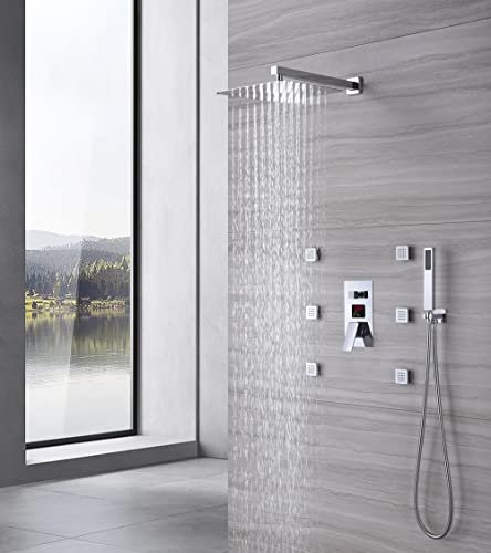 Cascada Digital 12” Wall Mounted Shower System with Single Handle & LCD Display, 3 Functions (Rainfall, Body jets & Handheld) (Brushed Gold) - color: Brushed Gold