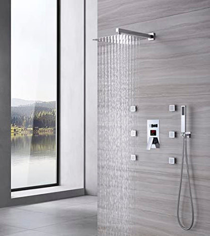Cascada Digital 12” Wall Mounted Shower System with Single Handle & LCD Display, 3 Functions (Rainfall, Body jets & Handheld) (Matt Black) - color: Matt Black