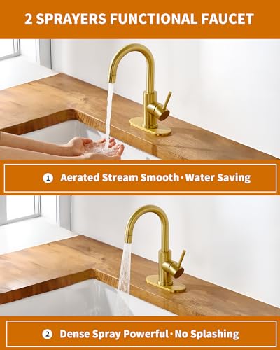 Tohlar Brushed Gold Bathroom Faucet with 2 Mode Sprayer | Bar Sink Faucet with Deck Plate for 1 or 3 Holes, 360° Swivel, with Pop Up Drain, for Vanity RV Laundry - color: Brushed Gold with Deck Plate