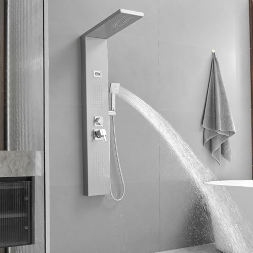 BWE Multi-Function Shower Panel System with Rainfall Shower Head Massage Body Jets and Handheld Shower Head 3 In1 Shower Panel Tower Stainless Steel for Home Hotel Resort Brushed Nickel and Chrome