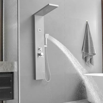 BWE Multi-Function Shower Panel System with Rainfall Shower Head Massage Body Jets and Handheld Shower Head 3 In1 Shower Panel Tower Stainless Steel for Home Hotel Resort Brushed Nickel and Chrome