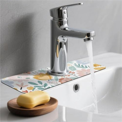 Kitchen Sink Splash Guard，Pastel flowers and leaves-1 Faucet Mat Sink Gadgets-Super Absorbent Fast Drying Mat Drip Catcher for Kitchen, Bathroom,Sink Mat, Dish Drying Mat, Bathroom(15" X 5.5" ) - color: Pastel flowers and leaves-1