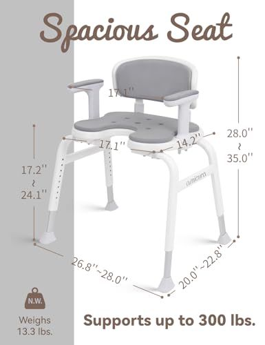 U-Shaped Shower Chair, Modular Arms & Back, 300 lb, Grey | Soft EVA padding, adjustable height, non-slip feet, tool-free setup, and a warm home-friendly look - color: Grey