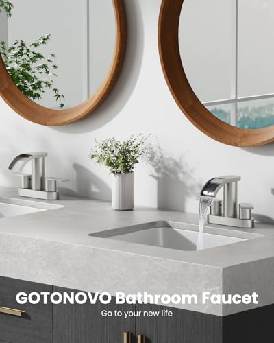 gotonovo 4’’ Centerset Bathroom Sink Faucet Waterfall Brushed Nickel | SUS304 Bathroom Faucet,2.17’’ Wide Spout,24’’ cUPC Water Line,Pop up Drain,2 Handle,Basin,Vanity,RV,Lavatory 2 or 3 Hole Sink - color: Nickel
