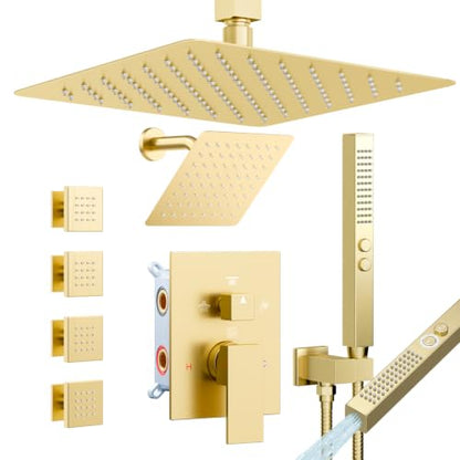 Shower System with 4 Body Spray Jets, STARBATH 4 Way 12 + 6"Rainfall Shower Head with Handheld Combo, Ceiling Mounted Shower Jets System in Wall Shower Faucet Set, Brushed Gold - color: Gold, size: 6"+12"-03