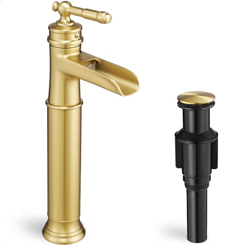Gold Vessel Sink Faucet, Brass Waterfall Tall Faucet for Bathroom Sink 1 Hole with Single Handle, Pop-up Drain & cUPC Water Hoses for Antique Bowl Basin Save Water - color: Brushed Gold - Elegant