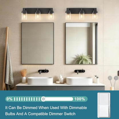 Matte Black Bathroom Light Fixtures, Modern Vanity Lights with Clear Glass Lamp Shade, Bathroom Lighting Fixtures Over Mirror, Restroom Vanity Lighting Fixture, 3-Light 22 Inch - color: Blakc, size: 3-Light