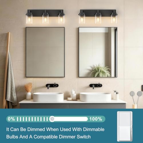 Matte Black Bathroom Light Fixtures, Modern Vanity Lights with Clear Glass Lamp Shade, Bathroom Lighting Fixtures Over Mirror, Restroom Vanity Lighting Fixture, 3-Light 22 Inch - color: Blakc, size: 3-Light