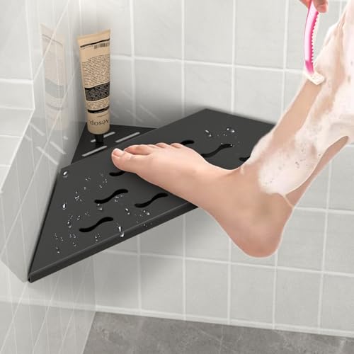 DAYONE Corner Foot Rest for Shaving Legs 10'' Black, Wall Mounted 304 Stainless Steel Footrest with Shaving Holder, Recessed Designed Foot Ledge for Bathroom Inside Shower