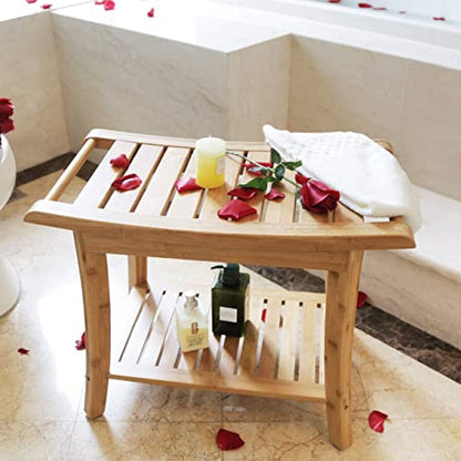 Small Bamboo Shower Bench, Non-Slip Bathroom Chair, Tub Side Bath Stool | Waterproof Spa Bench for Inside Shower, Storage Shelf & Safety Handle Design, Ideal for Elderly, Supports 300 lbs, Nature - size: 24 x 13.4 x 18.5 inches+Beige