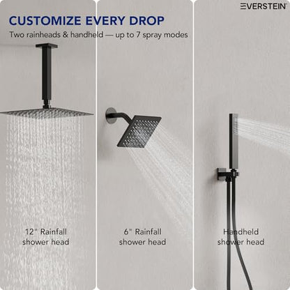 Ceiling Mount 12" High-Pressure Rainfall Shower Faucet, Dual Rainfall Shower Head System with Valve (Matte Black) - color: Black, style: Ceiling Mount