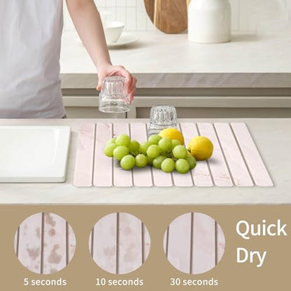 Stone Dish Drying Mat - Large Foldable Marbled Quick Drying Dish Mats With Stone Coasters Set of 4 Collapsible Ultra Absorbent Diatomaceous Earth Mats for Kitchen Counter Bathroom (Pink) - color: Pink