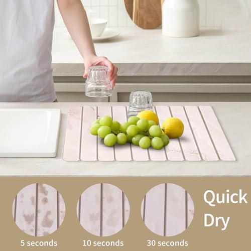 Stone Dish Drying Mat - Large Foldable Marbled Quick Drying Dish Mats With Stone Coasters Set of 4 Collapsible Ultra Absorbent Diatomaceous Earth Mats for Kitchen Counter Bathroom (Pink) - color: Pink