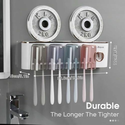 iHave Toothbrush Holders for Bathrooms Wall Mounted with Dispenser & 4 Cups | 12 Slots Wall Mount Toothbrush Holders for Bathrooms with Squeeze Toothpaste Dispenser, 4 Cups & 4 Compartments Organizer - color: White 4 Cups