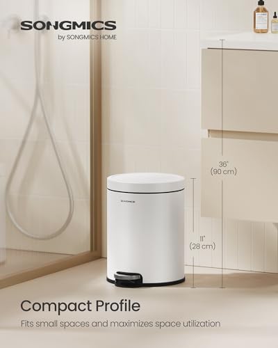 SONGMICS Bathroom Trash Can, 1.6 Gallon (6 L) Small Toilet Garbage Bin with Lid, Soft-Close, Stainless Steel, Pedal, Inner Bucket, Bedroom, Cloud White ULTB016WZ01 - color: Cloud White