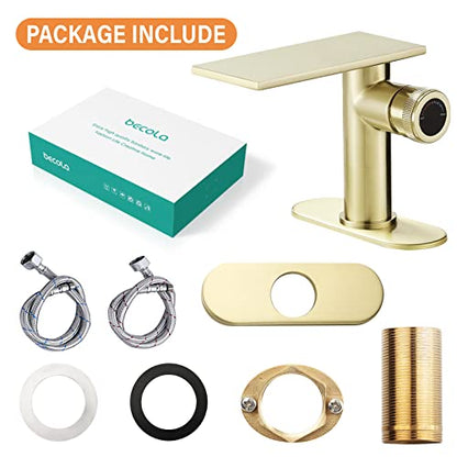 becola Modern Brushed Gold Bathroom Faucet，Waterfall Faucet for Bathroom Sink，Single Hole Cold and Hot Basin Mixer Tap，Single Handle Vanity Faucet with Adjust Knobs and Deck Plate - color: Brushed gold, size: low