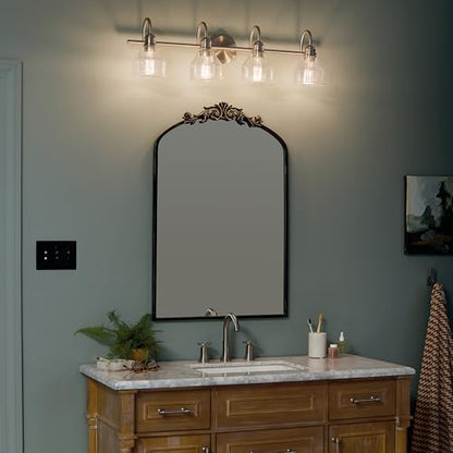 Kichler Avery 33.25" 4 Light Bathroom Vanity Light in Brushed Nickel, Vintage Bathroom Wall Mount Fixture with Clear Seeded Glass, (33.25" W x 9.25" H), 45974NI