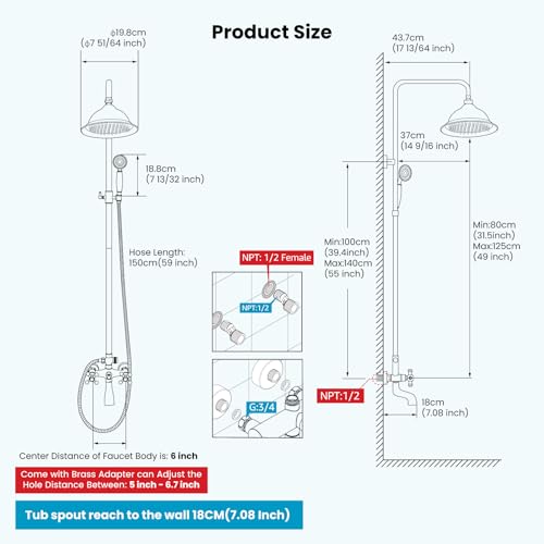 gotonovo Exposed Shower System with Spout,Antique Brass,No Shower Shelf | Brass Shower Faucet Set,8’’ Rain Head with Handheld Spray,Swivel Tub Spout,2 Cross Handle,6’’ Hole Distance,Adjustable Height - color: Antique Gold