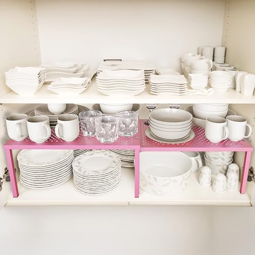 Simple Houseware Expandable Stackable Kitchen Counter Shelf Organizer, Pink, Metal Top, 11.25 in L x 7.9 in W x 5.4 in H | Expandable & Stackable 9" D x 12.75" W x 5.9" H - color: Pink