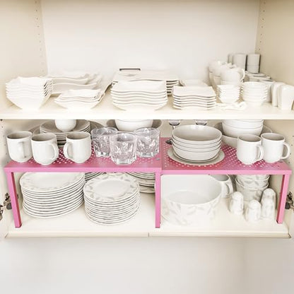 Simple Houseware Expandable Stackable Kitchen Counter Shelf Organizer, Pink, Metal Top, 11.25 in L x 7.9 in W x 5.4 in H | Expandable & Stackable 9" D x 12.75" W x 5.9" H - color: Pink