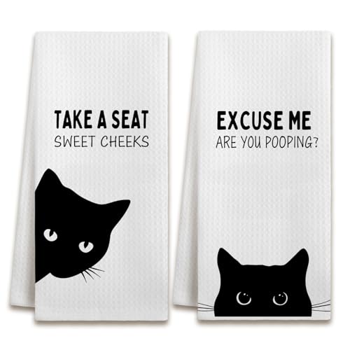 Funny Black Cat Bathroom Hand Towels Decorative Set of 2 - Funny Waffle Hand Towels for Guest Bathroom Decor, Black Cat Gifts for Cats Lovers, Unique House Warming Gifts New Home - color: Color-a02